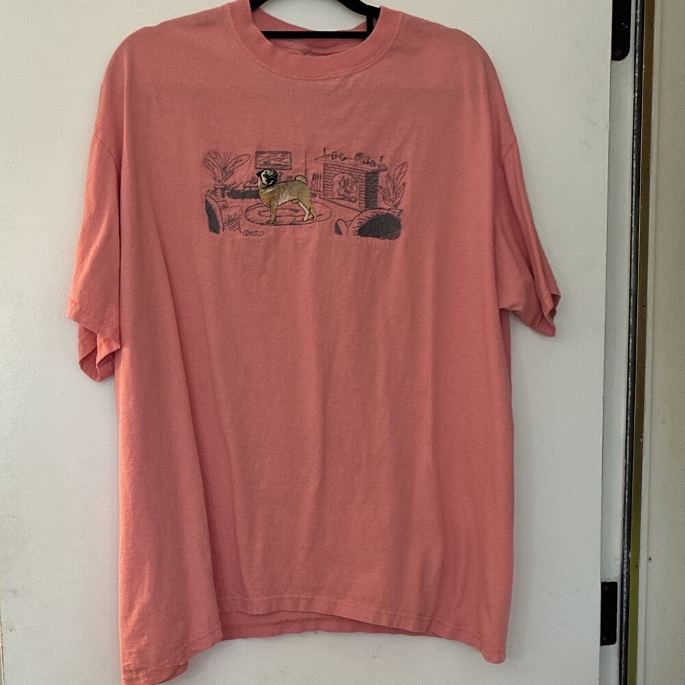 Vintage 90s Pug Dog Breed T Shirt Mens 2XL Pink Anvil Red Bar Made In USA Blank
